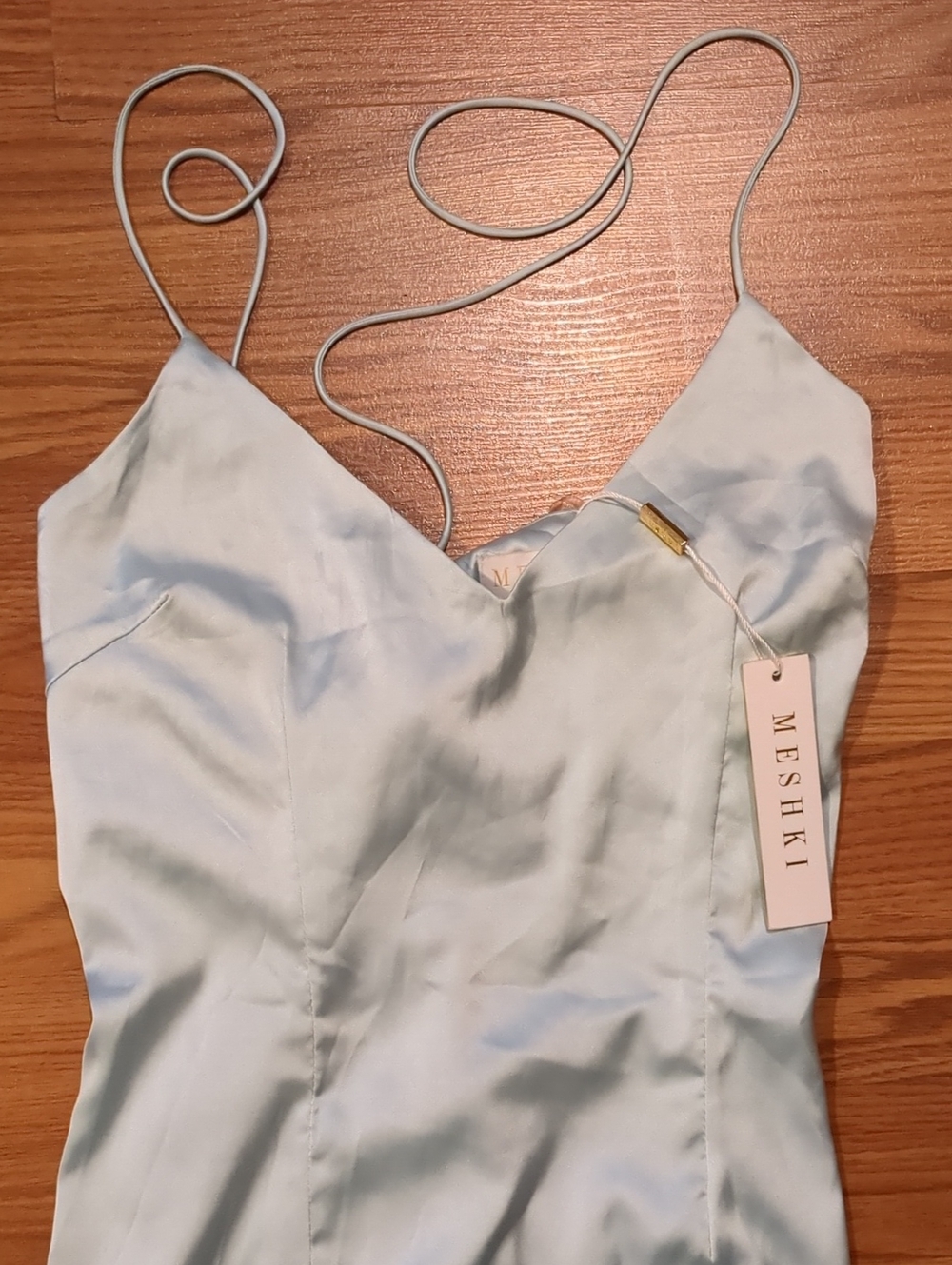 MESHKI NWT Annie Lace Up Back Satin Mini Dress Sage Size Medium - Picture 2 of 8